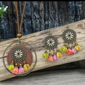 Necklace and Multi-Color Flower Earring Set Wood Leather Cord Burnished Gold